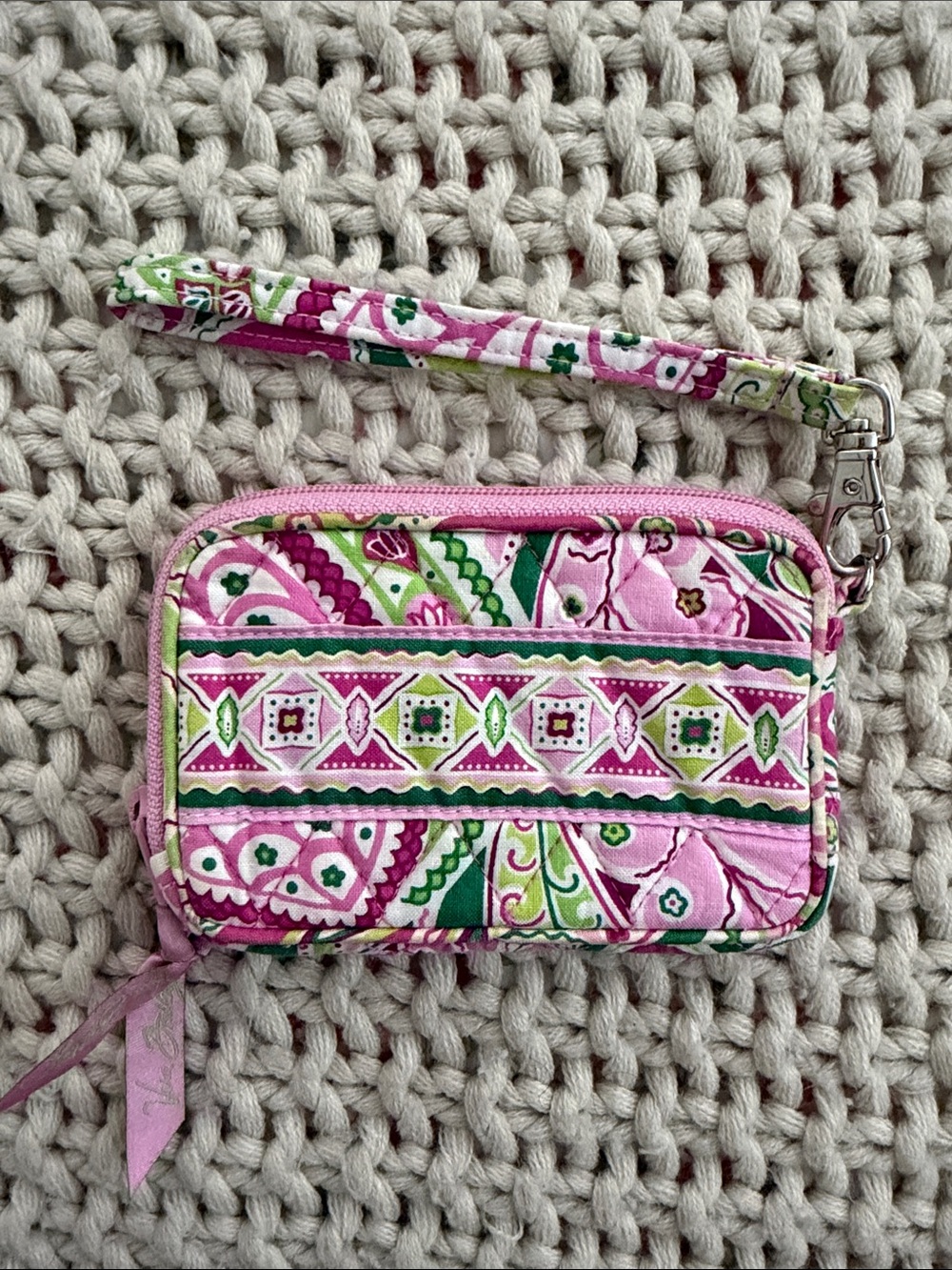 Vera Bradley Pink and Green Quilted Wristlet Wallet with Strap